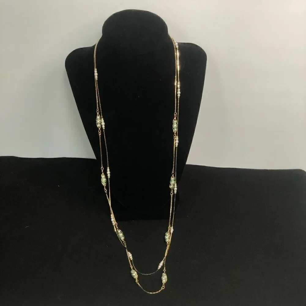 vintage korea gold tone caged pearls spaces snake chain long faux pearls elegant